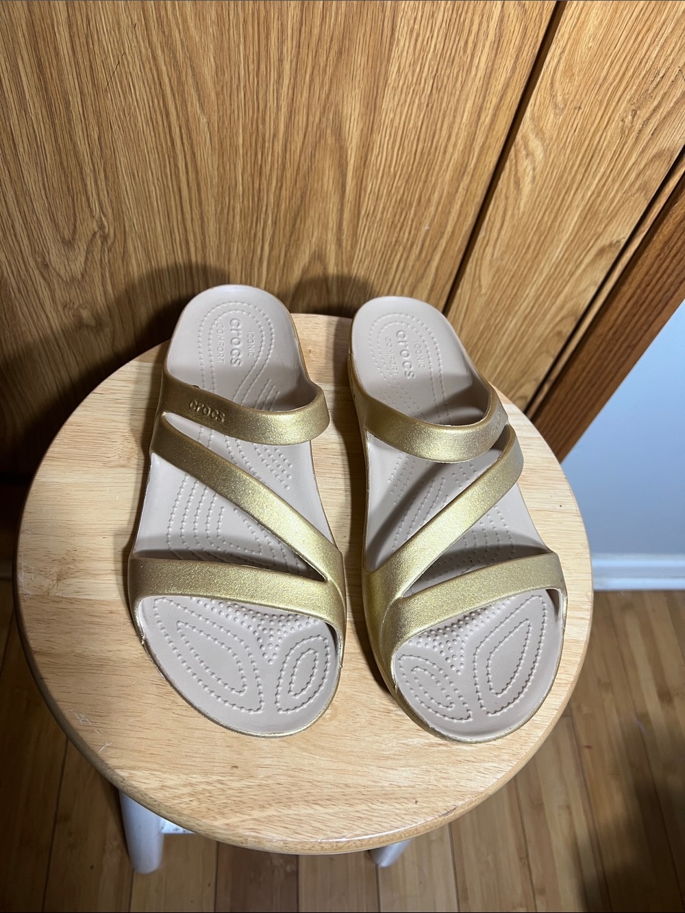 CROCS Women’s Metallic Gold Multi-Strap Slide Sandals